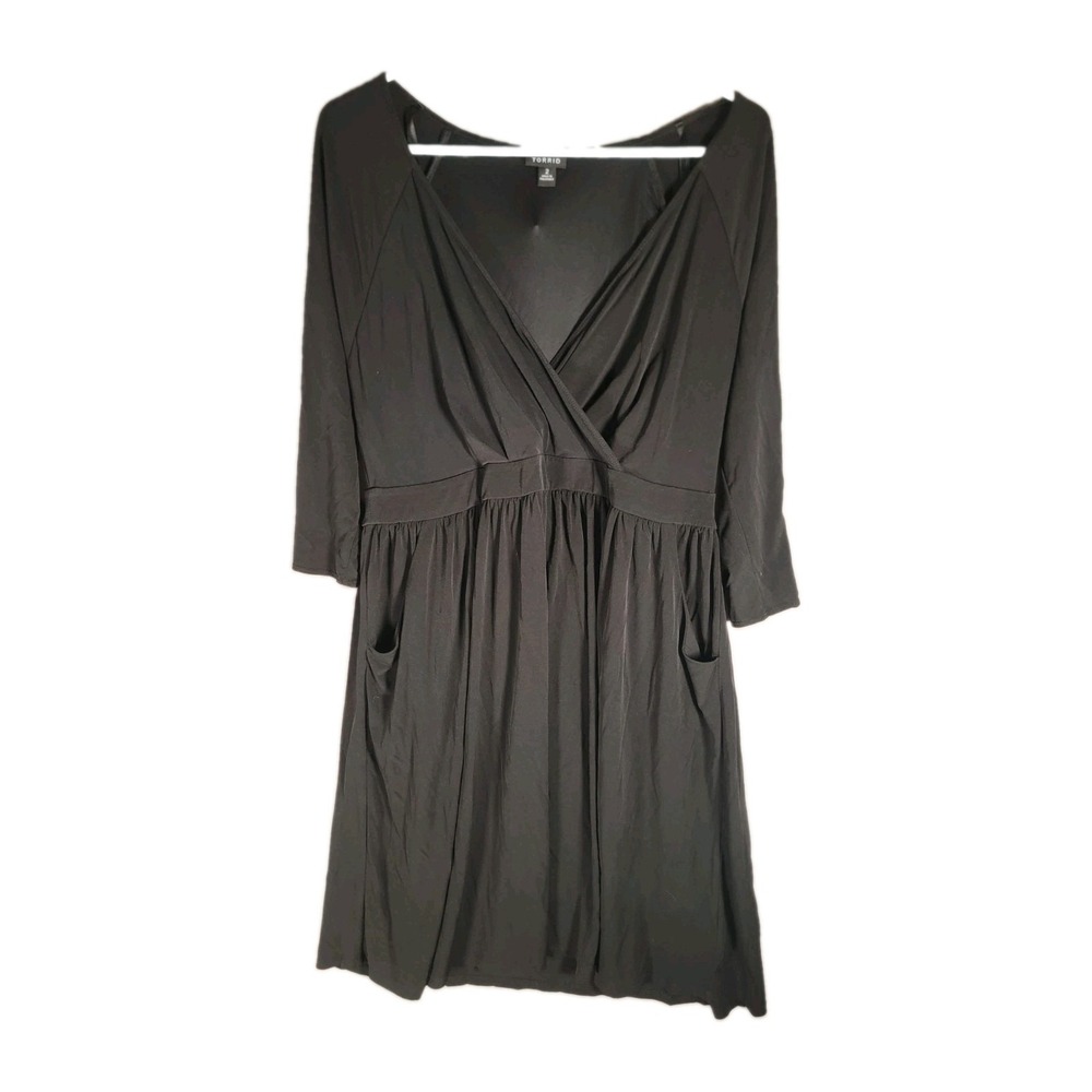 Torrid Dress Womens Plus 2 2X Black Faux Wrap Midi Pockets Whimsigoth Gothic